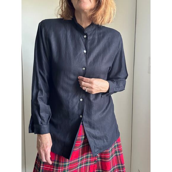 Vintage 90s Minimalist Linen Black Blouse Size 10P Long Sleeve Mock Collar Chic - Picture 1 of 9